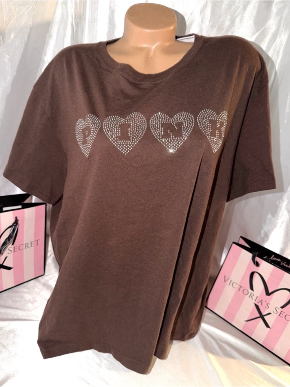 PINK Victoria's Secret Brown Short Sleeve Tee with Rhinestone Heart Logo